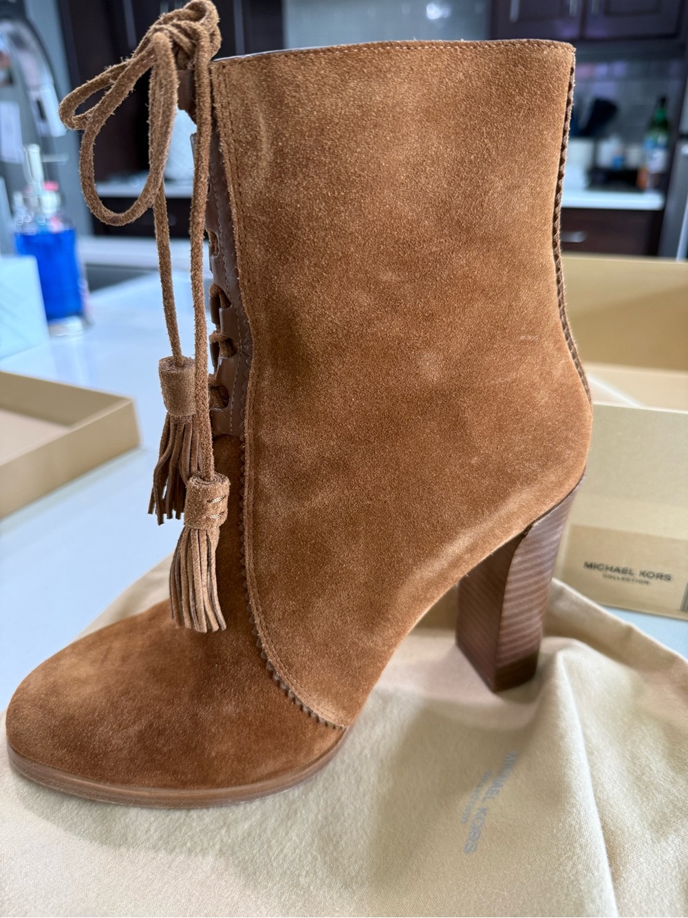 Michael Kors Chestnut Suede Tassel Lace-Up Ankle Booties